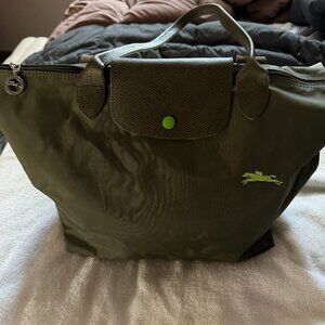 Longchamp Le Pliage L Tote Handbag Army Green w/ lime green